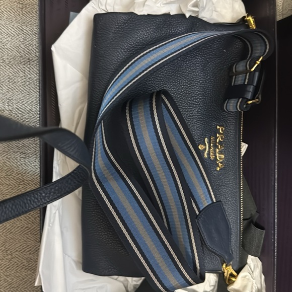 Prada Baltico Blue Vitello Phenix Double Zip Leather Crossbody,Color: Blue/Gold. - Picture 2 of 8